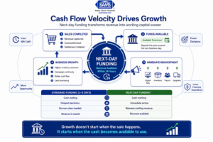 Infographic showing how next-day funding accelerates cash flow by converting completed sales into inventory, advertising, payroll, and business growth within 24 hours.