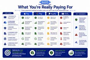 Professional fintech layered infographic showing how the true cost of Apple Pay, Google Pay, PayPal, and manual card entry extends beyond processing fees to include interchange, fraud, chargebacks, funding, and operational costs.