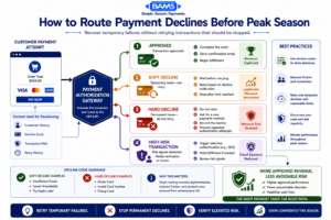 Professional fintech infographic showing how merchants should route approved transactions, soft declines, hard declines, and high-risk transactions through authentication, retries, customer prompts, and fraud review.