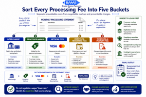 Professional fintech infographic organizing merchant-processing charges into five fee categories: interchange, processor markup, card-network fees, monthly recurring fees, and incidental or penalty charges.