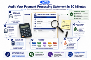 Professional fintech infographic showing a merchant reviewing a payment-processing statement to identify the pricing model, record core figures, calculate the effective rate, categorize fees, detect hidden charges, and verify deposit timing.