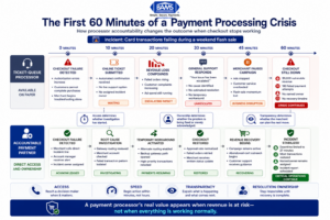 Payment outage timeline showing how processor access, response speed, transparency, and resolution ownership affect lost sales and recovery.