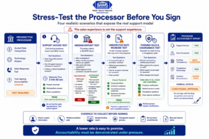 Pre-signing stress-test infographic showing how merchants can evaluate processor support, funding responses, error ownership, and contract protections.