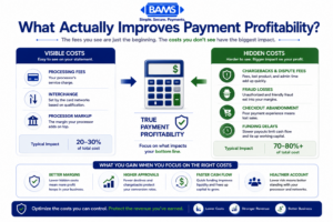 Professional fintech balance infographic illustrating the factors that improve payment profitability, comparing visible processing fees with hidden cost drivers such as fraud, chargebacks, conversion rates, and funding speed.