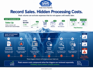 Infographic showing six hidden payment processing fee triggers beneath record peak-season eCommerce sales.