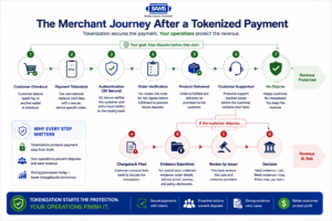 Professional fintech timeline infographic showing the lifecycle of a tokenized payment from checkout through authentication, fulfillment, customer experience, dispute prevention, and chargeback defense.