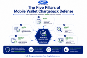 Professional fintech infographic illustrating the five operational pillars of mobile wallet chargeback defense, including auditing transactions, token reconciliation, fraud detection, evidence collection, and continuous monitoring.