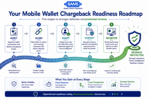 Professional fintech roadmap infographic outlining the five stages merchants should follow to improve mobile wallet chargeback readiness, from auditing transactions to continuous optimization.