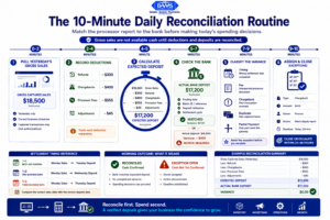 Ten-minute daily reconciliation infographic showing how eCommerce merchants compare sales, deductions, expected deposits, and actual bank deposits.
