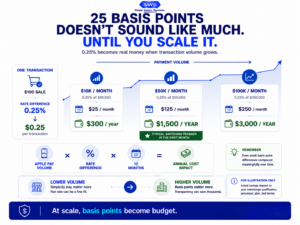 Apple Pay processing cost graphic showing how a 25 basis point rate difference can create meaningful annual savings as ecommerce payment volume grows.