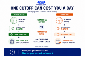 Apple Pay batch cutoff graphic comparing a transaction processed before a payment processor cutoff with one processed after the cutoff.