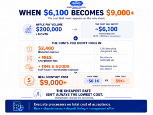 Apple Pay chargeback cost example showing how $6,100 in processing fees can rise above $9,000 after disputed revenue, chargeback fees, and operational costs.