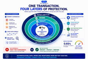 Apple Pay payment lifecycle infographic showing how authentication, transaction data, dispute evidence and faster funding can reduce chargeback-related costs.