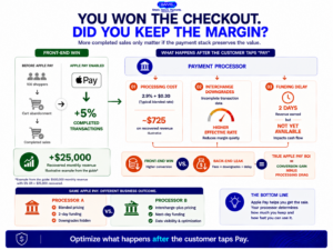 Apple Pay eCommerce infographic showing how higher checkout conversion can be offset by processor fees, interchange downgrades and slow funding.