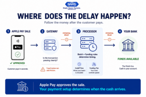 Apple Pay funding timeline showing how processor, batch timing, and gateway configuration can delay a merchant’s bank deposit.