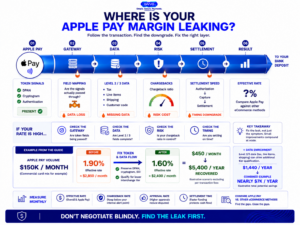 Apple Pay interchange optimization graphic showing six checkpoints where gateway configuration, transaction data, chargebacks and settlement timing affect processing costs.