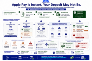 Apple Pay settlement infographic showing how a contactless payment moves through card networks, a payment processor, and bank funding before becoming available cash.