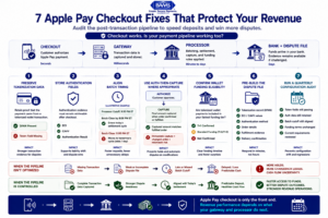 Infographic showing seven Apple Pay checkout and gateway fixes for faster deposits, stronger dispute evidence, better batch timing, and fewer payment holds.