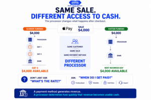 Apple Pay processor comparison showing the same merchant sale reaching the bank at different times depending on payment processor funding speed.