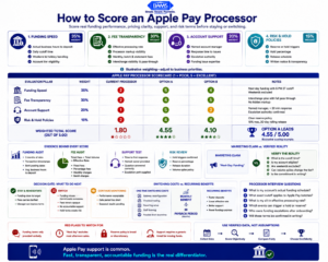 Weighted payment processor scorecard comparing Apple Pay funding speed, fee transparency, account support, and reserve or hold policies.