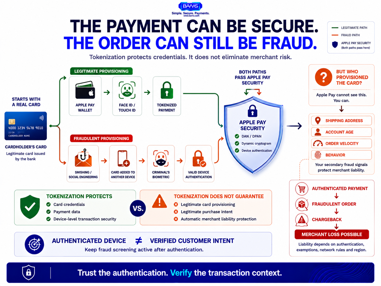 Apple Pay fraud infographic showing how tokenization and biometric authentication protect payment credentials while provisioning fraud and merchant chargeback exposure can still occur.
