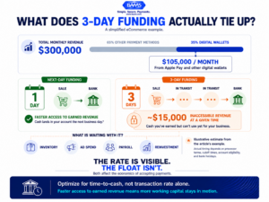 Apple Pay working capital infographic showing $300,000 monthly revenue, $105,000 in digital wallet sales, and approximately $15,000 potentially inaccessible during a three-day funding cycle.