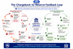 Infographic showing how rising chargeback ratios lead to higher processor reserves, reduced working capital, operational pressure, and more disputes.