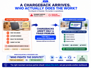 Chargeback management comparison showing an eCommerce employee handling disputes alone versus a merchant services partner managing dispute response.