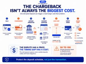 Ecommerce cash flow graphic showing how a chargeback can disrupt a merchant deposit and create a short-term borrowing need before payroll or other fixed obligations.