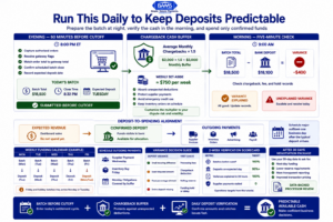 Daily merchant deposit routine showing batch preparation, chargeback buffers, bank verification, variance checks, and supplier-payment alignment.