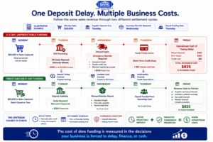 Timeline infographic showing how a delayed merchant deposit can cause missed discounts, credit draws, emergency reorders, and margin loss.