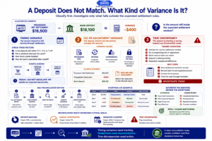Deposit reconciliation infographic showing how to classify merchant deposit mismatches as timing variances, fee adjustments, or true discrepancies.
