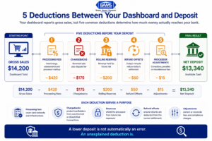 Infographic showing the five deductions that reduce gross eCommerce sales before funds reach a merchant’s bank account.