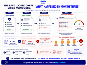 Merchant processing fee infographic showing how new surcharges, reclassified transactions and ancillary fees can appear after signup and raise the effective rate.