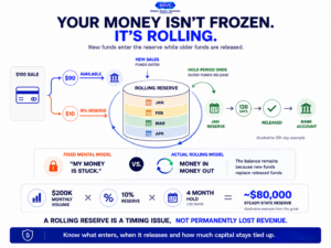 Rolling reserve payment processing diagram showing how a percentage of current sales is withheld while older reserve funds are released after the hold period.