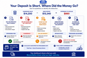 Diagnostic infographic showing how merchants can identify deposit differences by checking fees, disputes, reserves, refunds, and adjustments.