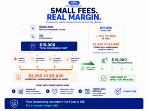 Merchant processing fee graphic showing how small markups, technology fees, PCI fees, chargebacks, and other payment costs can accumulate into monthly waste.