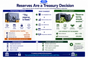 Corporate fintech infographic showing how merchant account reserves affect working capital, cash flow, and treasury decisions for growing eCommerce businesses.