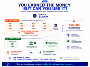 Next-day funding comparison showing how reducing a four-day deposit cycle to one day can free working capital for an eCommerce business.