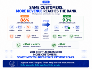 Ecommerce payment optimization graphic comparing an 86% authorization rate and 3-day settlement with a 93% authorization rate and next-day funding.