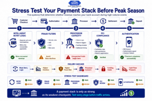 Infographic showing a five-stage payment stack stress test covering transaction retries, fraud filters, processor readiness, PCI compliance, and payment authentication before seasonal sales.