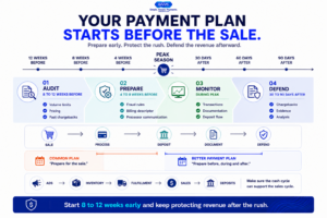 Seasonal payment processing timeline showing when eCommerce businesses should prepare, monitor and defend against peak-season payment risks.