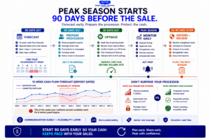 Peak season payment planning timeline showing when eCommerce businesses should forecast cash flow, notify processors, optimize payments and monitor chargebacks.