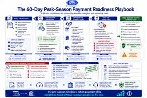 Peak-season payment readiness timeline covering deposit speed, volume limits, reserve triggers, transaction data, support contacts, and processor forecasting.