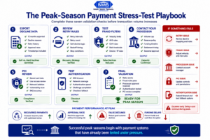 Step-by-step payment testing framework showing how merchants should validate retries, fraud rules, processor limits, PCI compliance, and authentication before seasonal traffic.