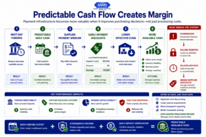 Process infographic showing how next-day funding and chargeback prevention improve supplier payment timing, reduce cost of goods sold, and strengthen cash flow.
