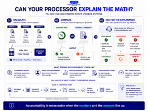 Payment processor accountability infographic showing a three-month effective-rate audit, contract comparison and support response test.