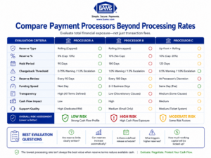 Comparison scorecard showing how merchants can evaluate payment processors using reserve percentage, chargeback policy, release terms, funding speed, and cash flow impact.