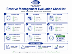 Reserve management checklist infographic for evaluating payment processors based on reserve terms, chargeback thresholds, release conditions, and cash flow impact.