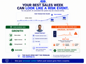 Seasonal ecommerce payment graphic showing how a sudden sales volume spike can trigger processor risk monitoring, deposit holds and cash flow disruption.